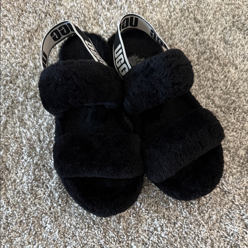 UGG Black Plush Slippers with Logo Strap